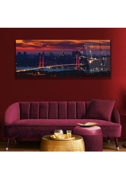 Saatli Istanbul Gece Cam Tablo