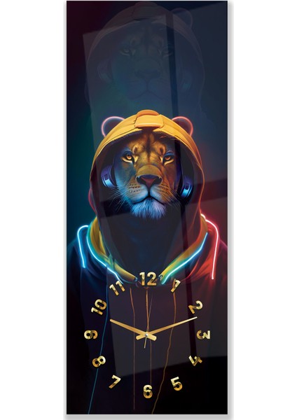 Saatli Neon Aslan Cam Tablo