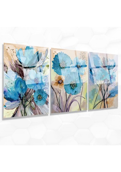 Mavi Çiçekler Üçlü Cam Tablo
