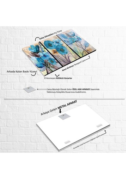 Mavi Çiçekler Üçlü Cam Tablo fırsatları