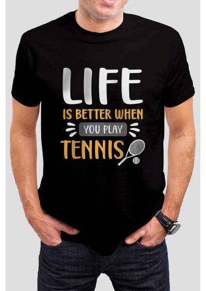 Tenis Baskılı Siyah Unisex Tişört C428