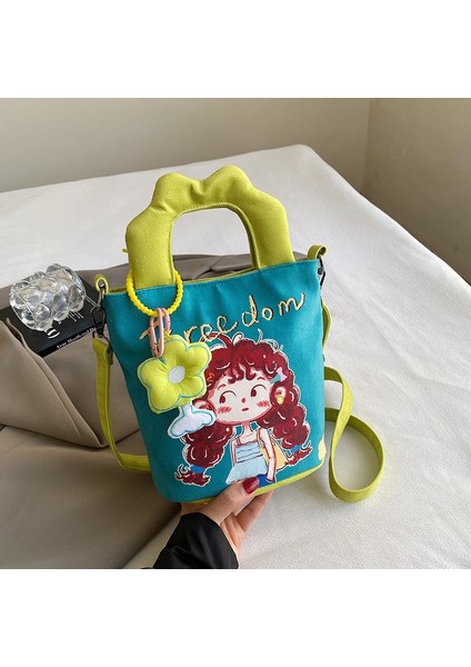 Kolyeli Yeni Stil Karikatür Grafiti Kanvas Çanta, Kişiselleştirilmiş Kız Kova Çantası, Kanvas Omuz Crossbody Çanta (Yurt Dışından)