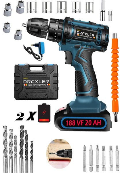 Tekno Trust Darbeli Alman 188VF 20 Ah Metal Şanzıman Çift Akülü Şarjlı Matkap 24PARÇA Akülü Vidalama Matkap Set