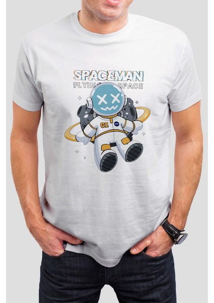 Spaceman Baskılı Beyaz Unisex Tişört C409
