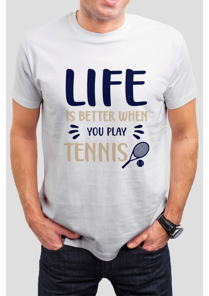 Tenis Baskılı Beyaz Unisex Tişört C429