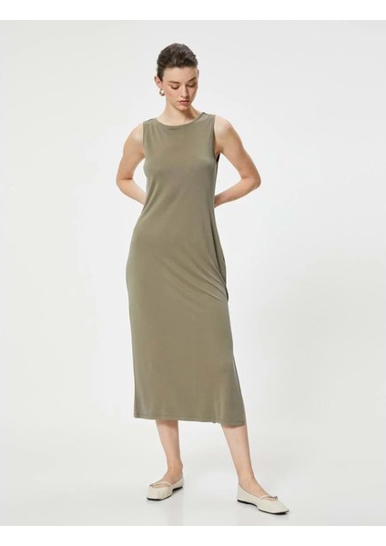 Midi Elbise Modal Karışımlı Bisiklet Yaka Kolsuz Slim Fit - Koton - 4SAK80349EK - Haki - S