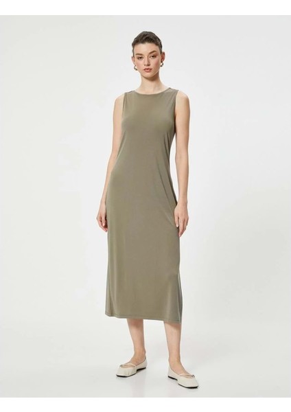 Midi Elbise Modal Karışımlı Bisiklet Yaka Kolsuz Slim Fit - Koton - 4SAK80349EK - Haki - S