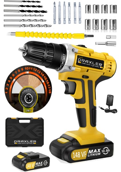 Tekno Trust Darbeli Alman 128 Vf 14 Ah Lıon Çift Akülü Express Seri Darbeli Turbo Şarjlı Matkap 27 Parça Setli