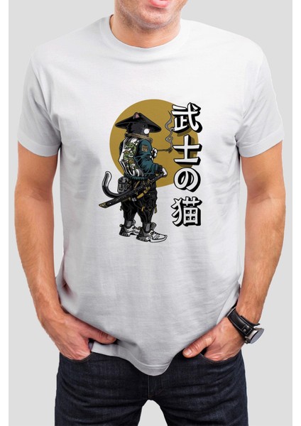 Samurai Kedi Baskılı Beyaz Unisex Tişört C412