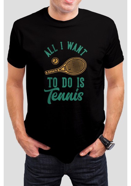 Tenis Raketi Baskılı Siyah Unisex Tişört C437