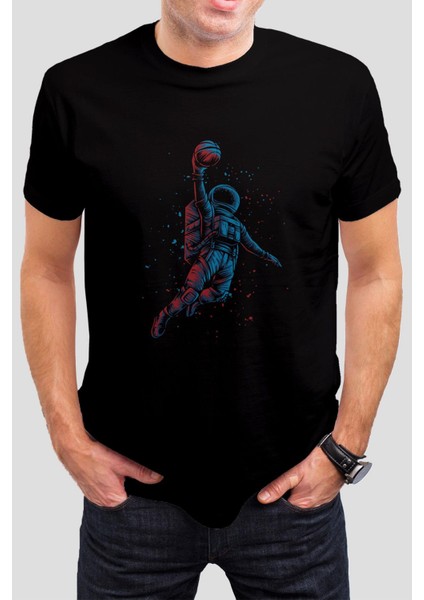 Astronot Baskılı Siyah Unisex Tişört C399