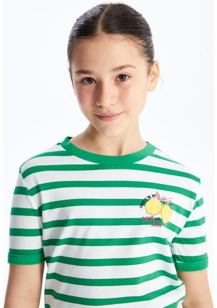 Lcw Kids Bisiklet Yaka Çizgili Kısa Kollu Kız Çocuk Crop Tişört