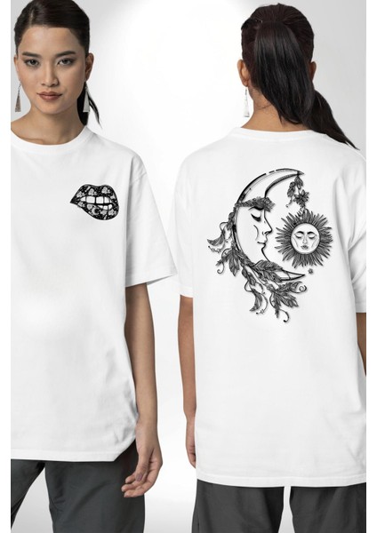 Ay Yıldız Dudak Bulut Dövme Beyaz Oversize Kadın Erkek Ön ve Sırt Baskılı T-Shirt