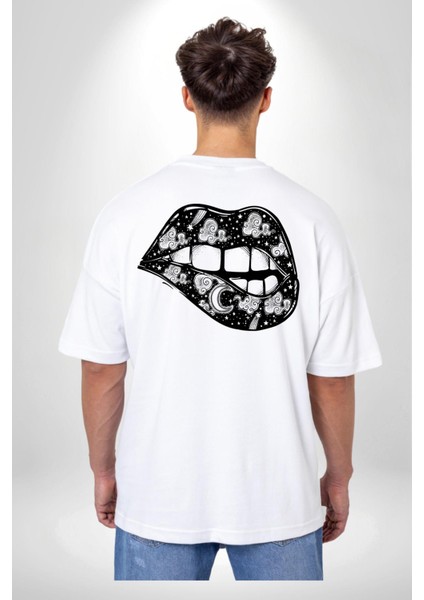 Ay Yıldız Dudak Bulut Dövme Beyaz Oversize Kadın Erkek Ön ve Sırt Baskılı T-Shirt fiyatları