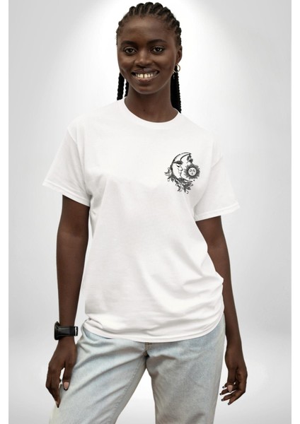 Ay Yıldız Dudak Bulut Dövme Beyaz Oversize Kadın Erkek Ön ve Sırt Baskılı T-Shirt modelleri