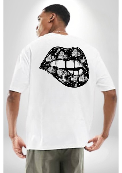 Ay Yıldız Dudak Bulut Dövme Beyaz Oversize Kadın Erkek Ön ve Sırt Baskılı T-Shirt fırsatları