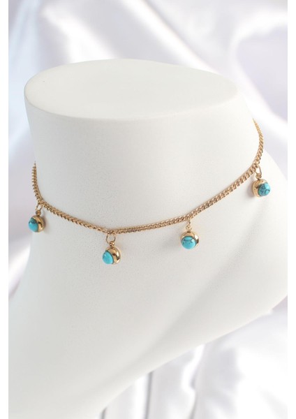 E-Bijuteri Çelik Gold Renk Zincir Model Mavi Taşlı Sallantı Figür Kadın Halhal