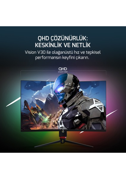 GamePower 32'' Vision V30 Curved 1000R RGB 240Hz 1ms 2K (QHD) , Kvm, Speaker, Type C Gaming Monitör (Sıfır Ölü Piksel Garantili)