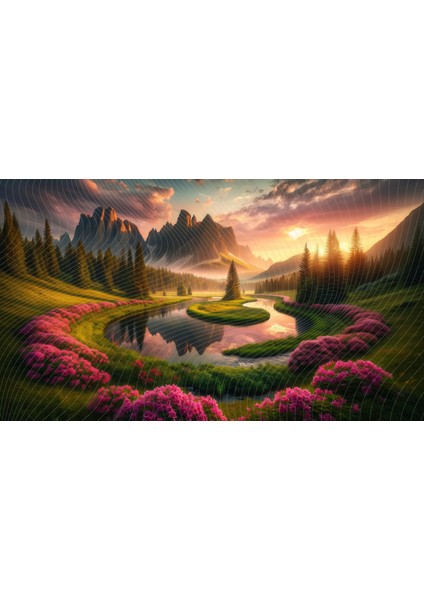 Dağ Manzarası ve Çiçekli Alan Temalı Arkaplan 200 x 150 cm Fon Duvar Örtüsü