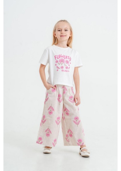 Çiçek Nakışlı Keten Kız Çocuk Pantolonlu Takım Pembe