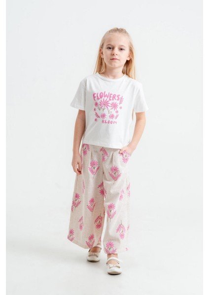 Çiçek Nakışlı Keten Kız Çocuk Pantolonlu Takım Pembe fiyatları