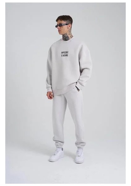 0 Yaka On Arka Impossıble Is Nothıng Baskı Oversize Erkek Sweatshırt modelleri