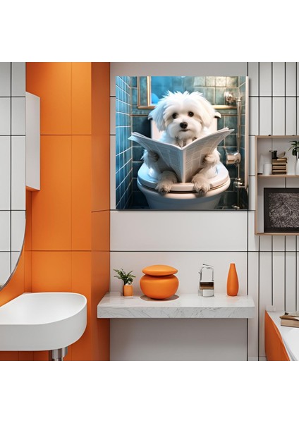 Tekli Kare Kanvas Banyo Tablosu Gazete Okuyan Sevimli Maltese