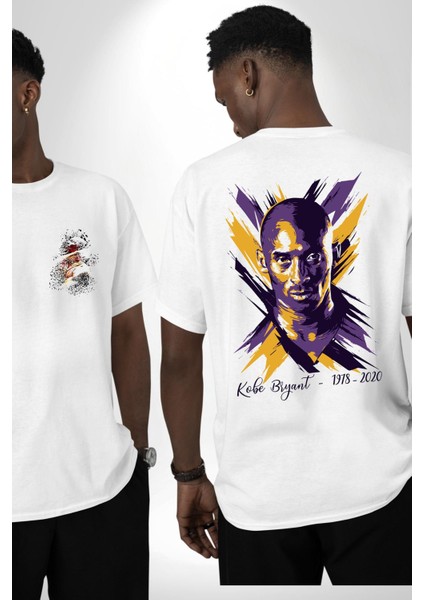 Kobe Braynt Anısı Moderb Tasarım Beyaz Oversize Kadın Erkek Ön ve Sırt Baskılı T-Shirt