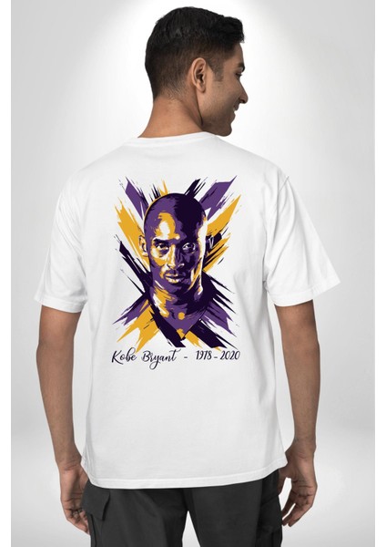 Kobe Braynt Anısı Moderb Tasarım Beyaz Oversize Kadın Erkek Ön ve Sırt Baskılı T-Shirt