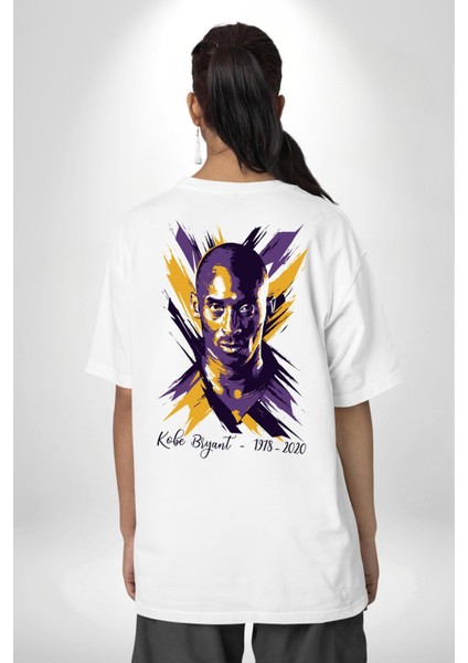 Kobe Braynt Anısı Moderb Tasarım Beyaz Oversize Kadın Erkek Ön ve Sırt Baskılı T-Shirt