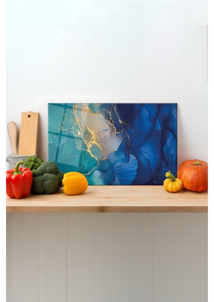 Soyut Mavi Cam Kesme Tahtası, Silikon Ayaklı, Sunum Kesim Doğrama Tablası, Temperli ve Rodajlı