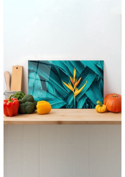 Sarı Çiçek Cam Kesme Tahtası, Silikon Ayaklı, Sunum Kesim Doğrama Tablası, Temperli ve Rodajlı