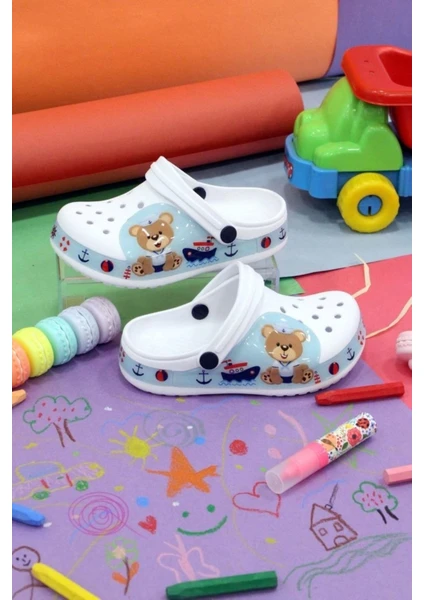 Erkek Çocuk Crocs Modeli Kaptan Ayıcık Kaymaz Taban Plaj Havuz Deniz Sandalet Terlik