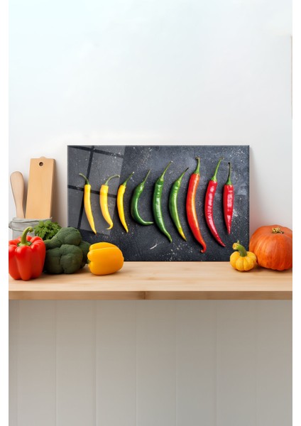 Renkli Biberler Cam Kesme Tahtası, Silikon Ayaklı, Sunum Kesim Doğrama Tablası, Temperli ve Rodajlı