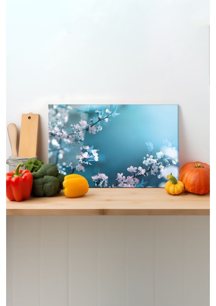 Beyaz Çiçekler Cam Kesme Tahtası, Silikon Ayaklı, Sunum Kesim Doğrama Tablası, Temperli ve Rodajlı