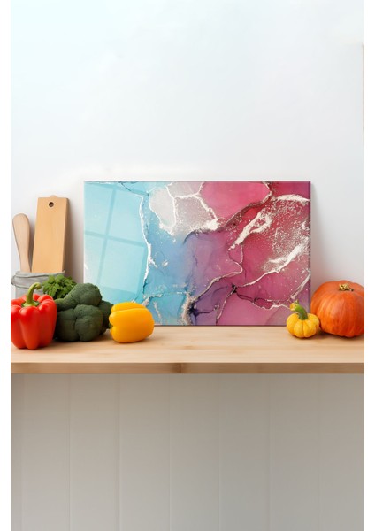 Mavi ve Pembe Cam Kesme Tahtası, Silikon Ayaklı, Sunum Kesim Doğrama Tablası, Temperli ve Rodajlı