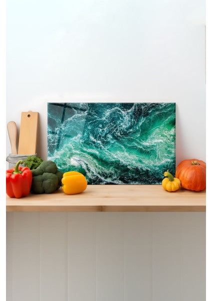 Okyanus Dalgası Cam Kesme Tahtası, Silikon Ayaklı, Sunum Kesim Doğrama Tablası, Temperli ve Rodajlı