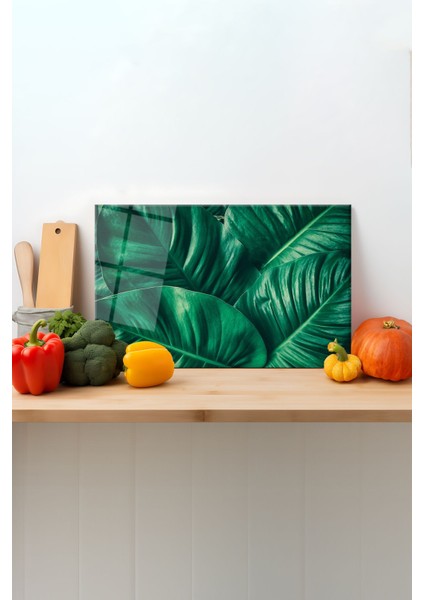 Büyük Yapraklar Cam Kesme Tahtası, Silikon Ayaklı, Sunum Kesim Doğrama Tablası, Temperli ve Rodajlı