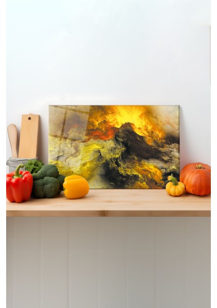 Sarı Kaos Soyut Cam Kesme Tahtası, Silikon Ayaklı, Sunum Kesim Doğrama Tablası, Temperli ve Rodajlı