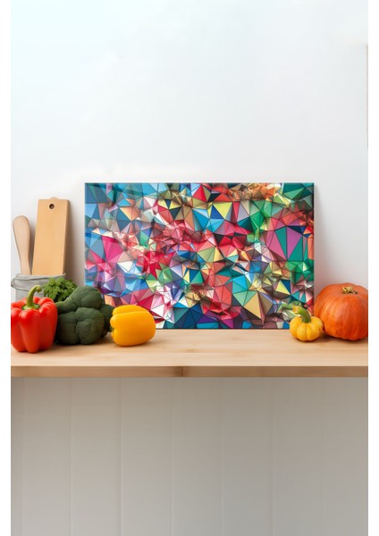 Renkli Geometrik Cam Kesme Tahtası, Silikon Ayaklı, Sunum Kesim Doğrama Tablası, Temperli ve Rodajlı