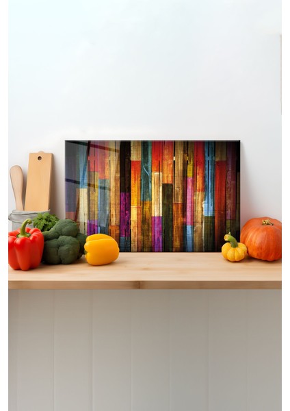 Renkli Ahşaplar Cam Kesme Tahtası, Silikon Ayaklı, Sunum Kesim Doğrama Tablası, Temperli ve Rodajlı