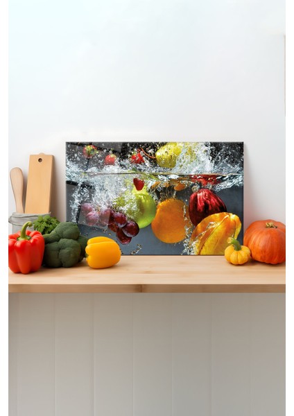 Suda Meyveler Cam Kesme Tahtası, Silikon Ayaklı, Sunum Kesim Doğrama Tablası, Temperli ve Rodajlı