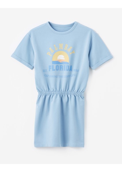 Florida Örme Detaylı Baskılı Kısa Kollu Tulum - Mavi