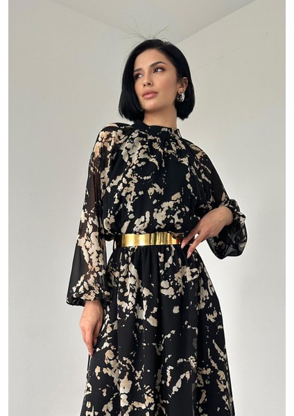 Reglan Kol ve Baskılı Elbise - Siyah 7999 fiyatları