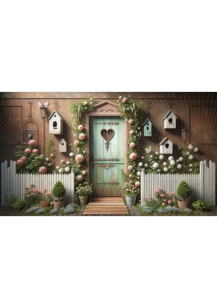 Romantik Bahçe Kapısı ve Kuş Evi Temalı Arkaplan 200 x 150 cm Fon Duvar Örtüsü