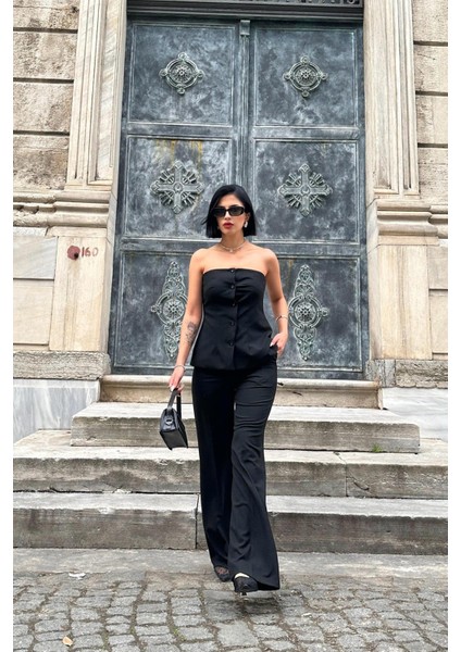 Straplez Düğmeli Crop ve Pantolon Takım