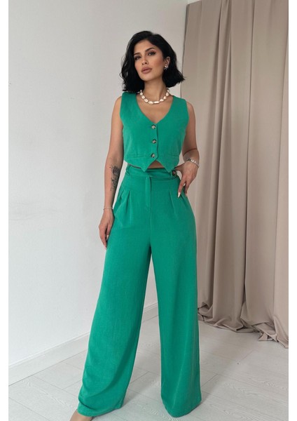 Önü Düğmeli Yelek ve Pantolon Takım - Yeşil 7452