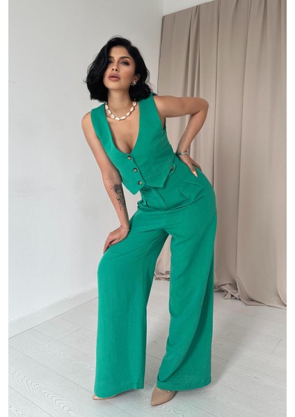 Önü Düğmeli Yelek ve Pantolon Takım - Yeşil 7452 fiyatları