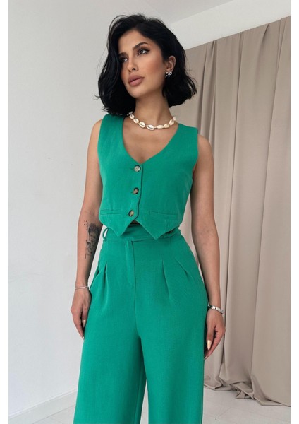 Önü Düğmeli Yelek ve Pantolon Takım - Yeşil 7452 modelleri