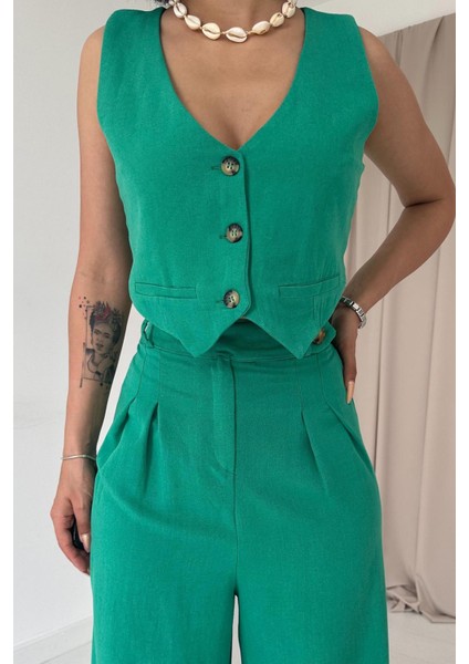 Önü Düğmeli Yelek ve Pantolon Takım - Yeşil 7452 fırsatları